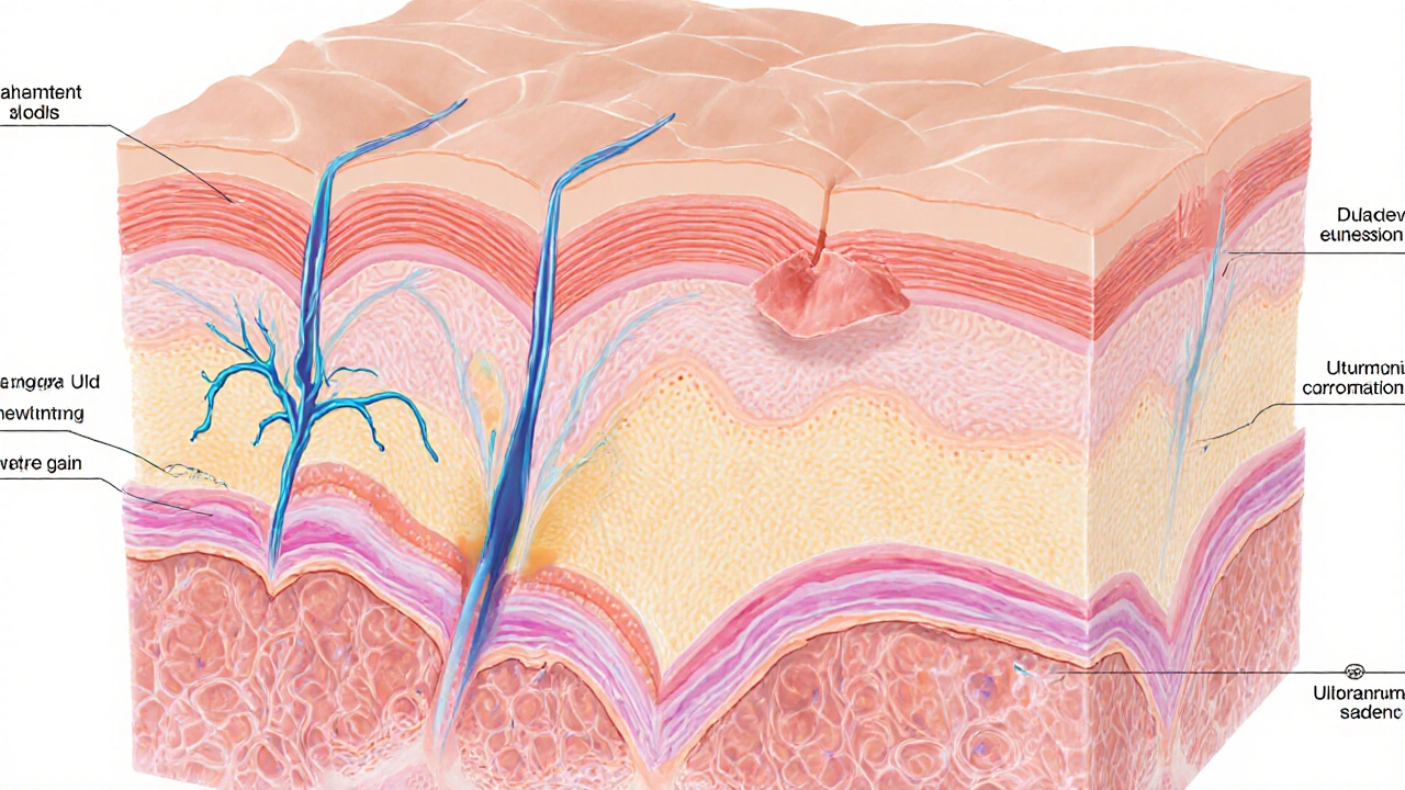 Анатомическая иллюстрация лица с тремя методами борьбы с морщинами: ботокс, филлеры и термолифтинг.