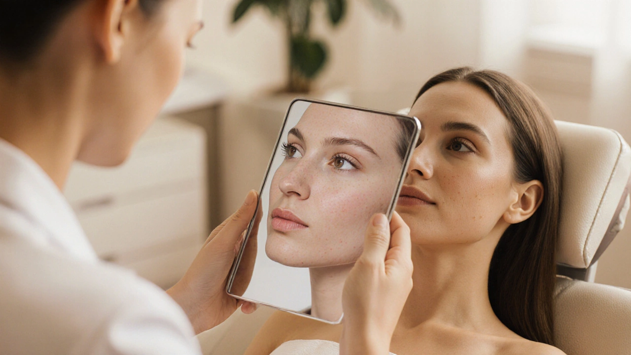 Косметолог советует пациенту, на фоне видно улучшение цвета кожи после курса пилинга.