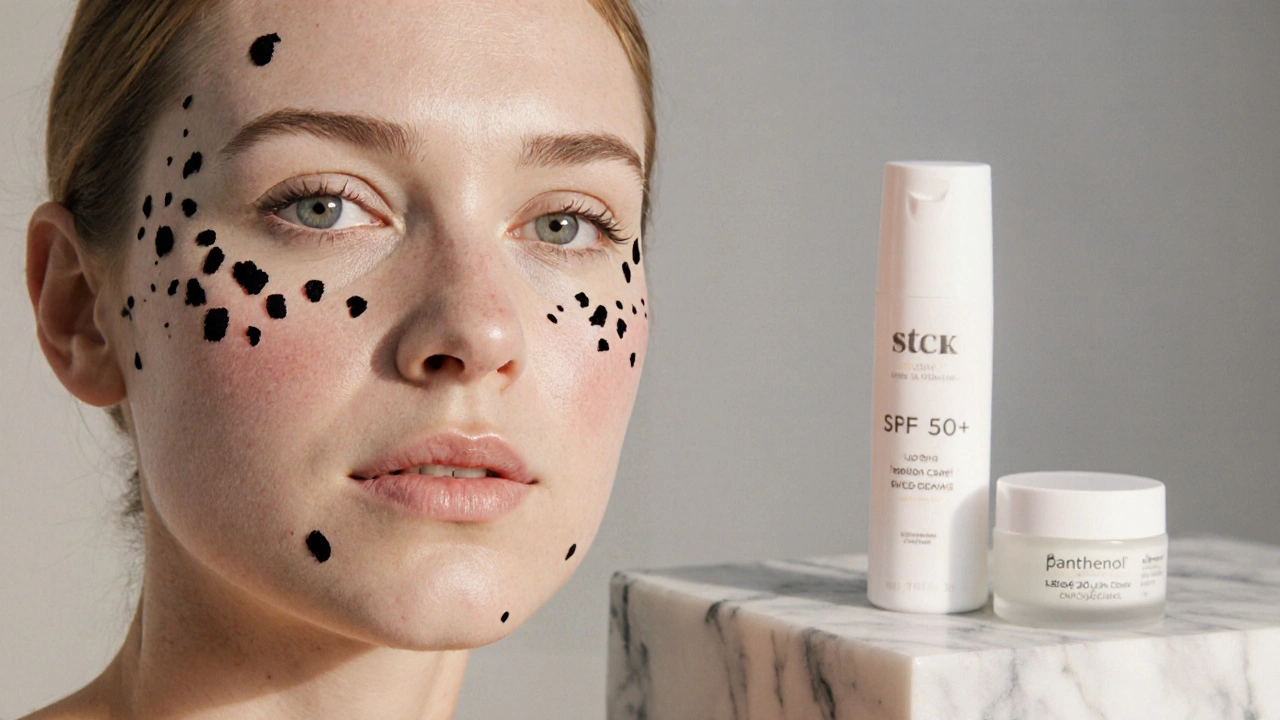 Лицо после лазерной процедуры: темные корочки на коже, рядом — крем и солнцезащитный спрей.