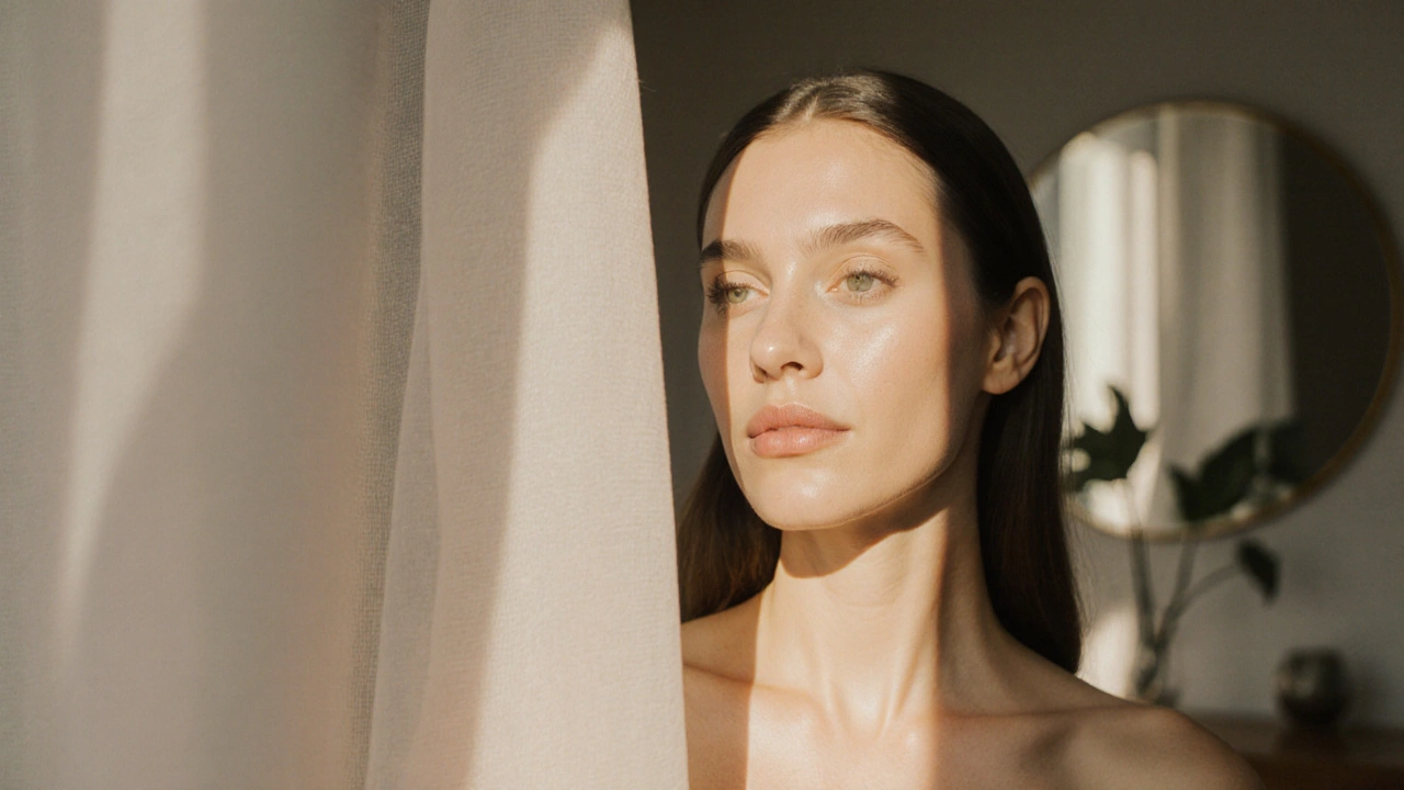 Портрет женщины с упругой, сияющей кожей лица и чётким контуром челюсти.