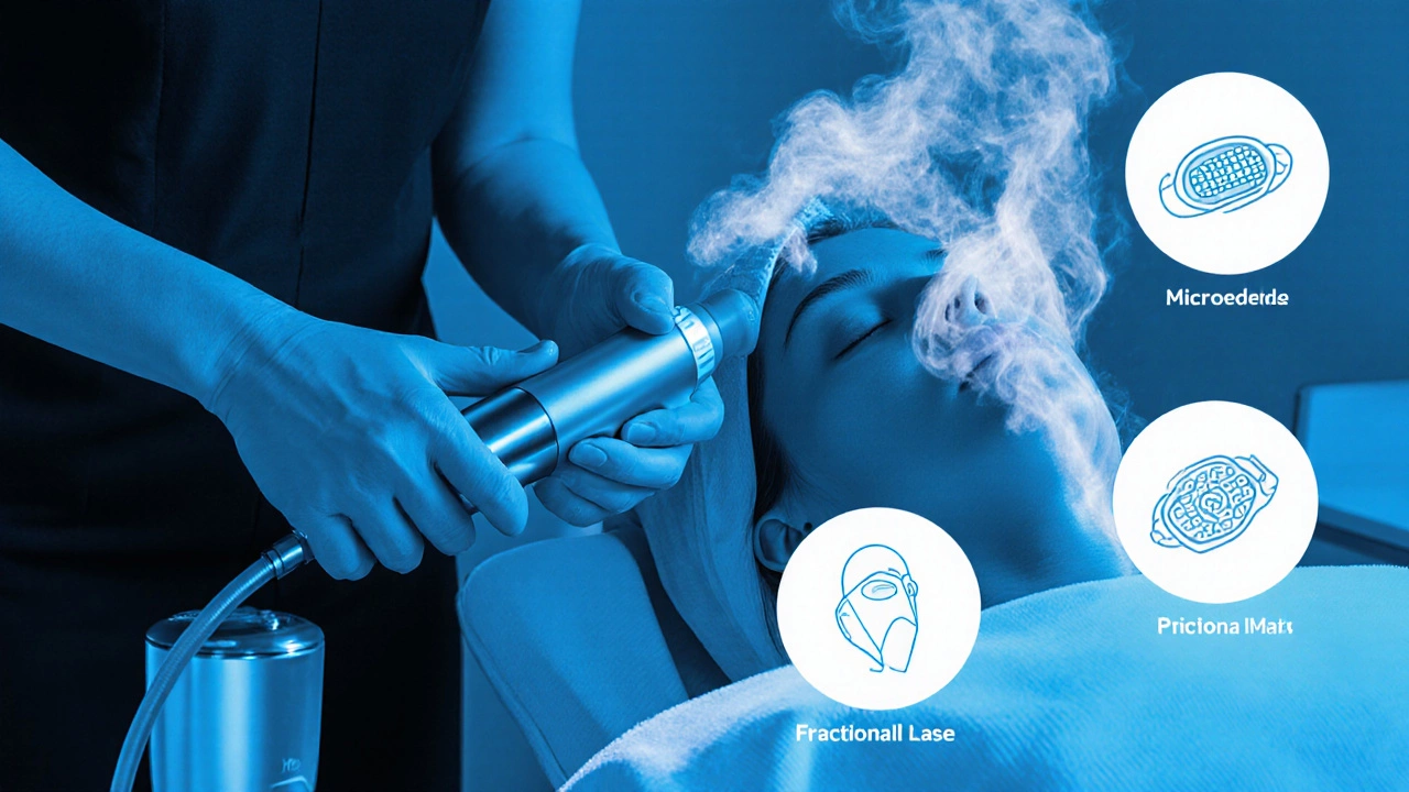 Процедура RF‑лифтинга в клинике, рядом микронедлинг, кислородная терапия и лазер.