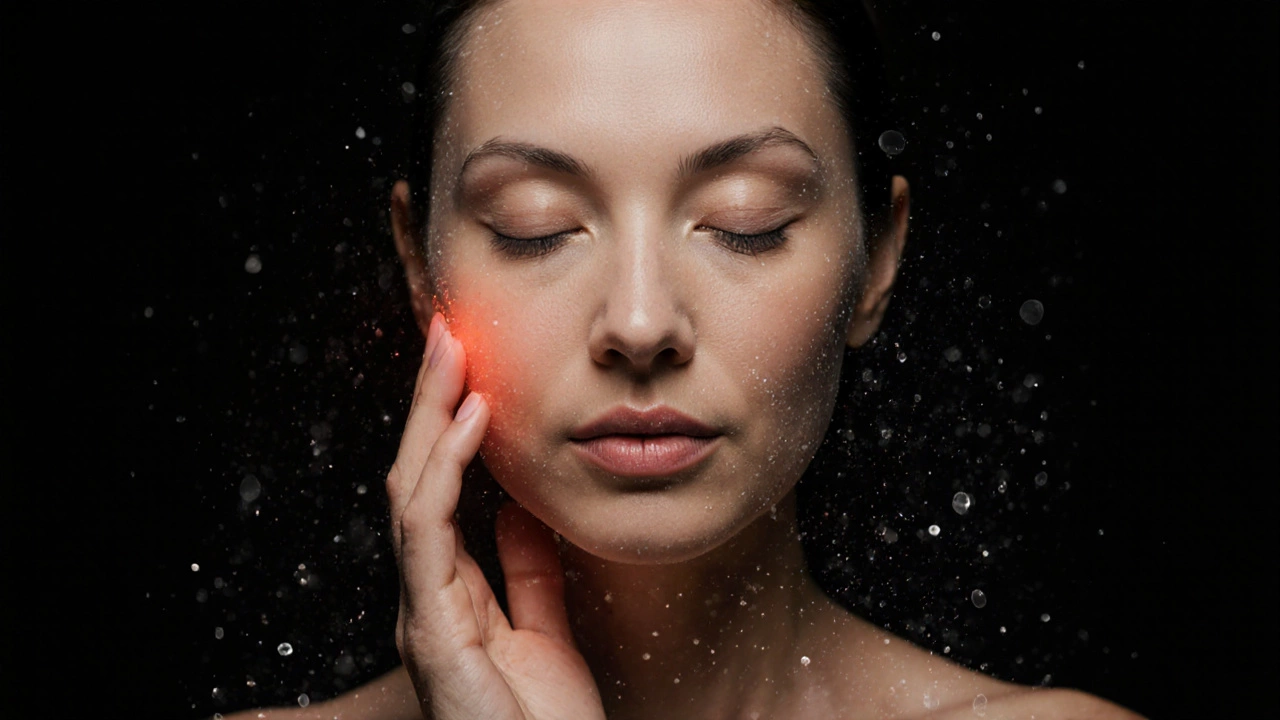 Рука касается лица с естественным сиянием, символизирующим восстановление кожи после лазера.