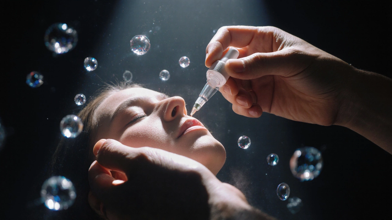 Руки наносят сыворотку на кожу, вокруг которой витают молекулы коллагена и пептидов.