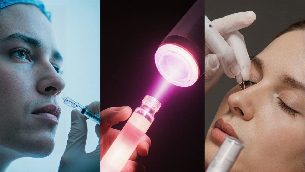 Сцена с пятью медицинскими процедурами: ботокс, филлер, лазер, RF‑лифтинг, плазмолифтинг.