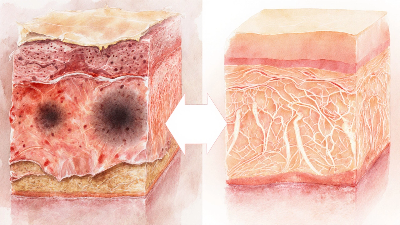 Сравнение кожи до и после лазера: слева — шелушение и темные пятна, справа — гладкость и сияние.