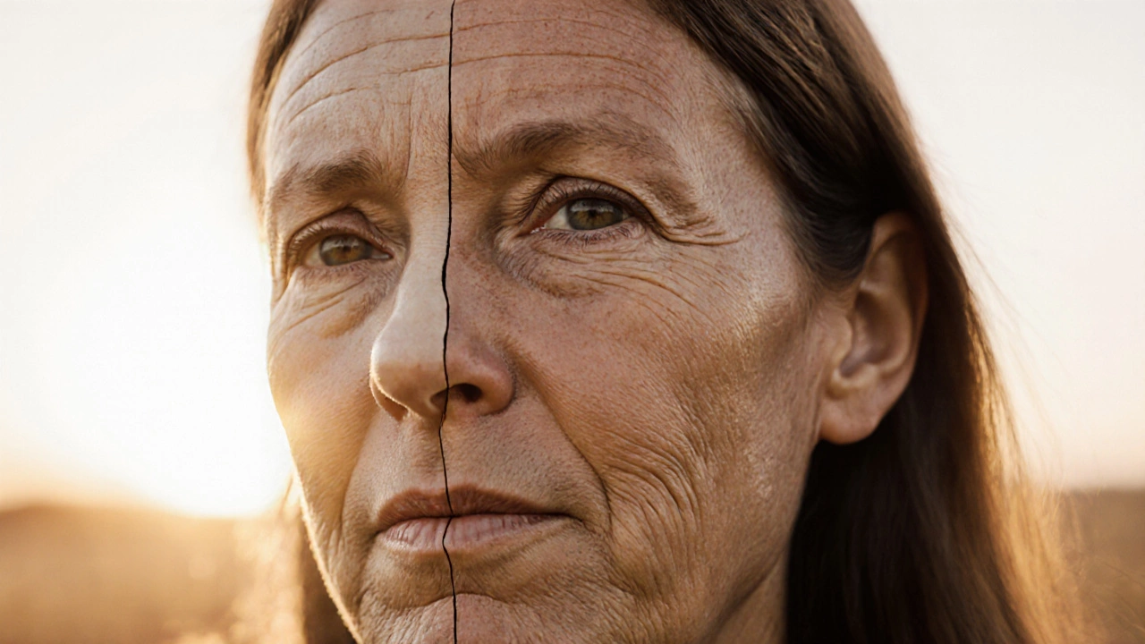 Сравнение стареющей и омоложенной стороны лица под утренним светом, без инъекций.