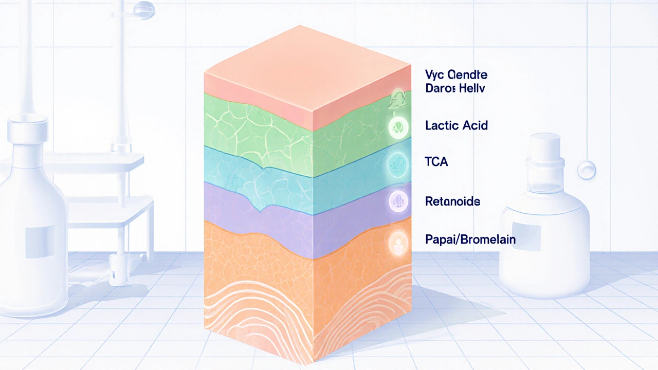 Срез кожи, показывающий действие разных химических пилингов на эпидермис.