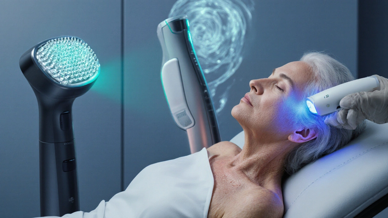 Старшая женщина в клинике получает RF‑лифтинг, рядом микродермабразия и ультразвук.