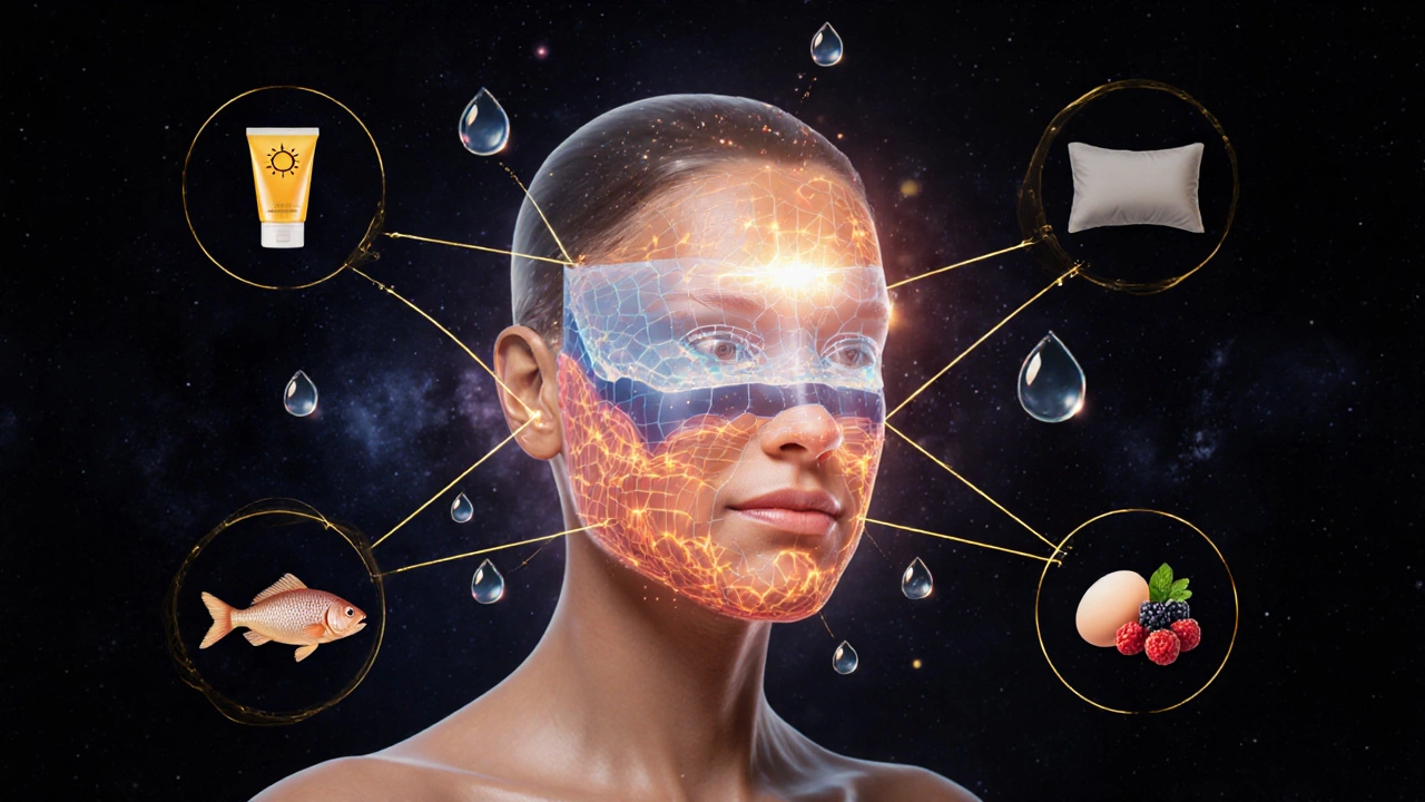 Стилизованное изображение лица с восстанавливающимися коллагеновыми волокнами и символами ухода.