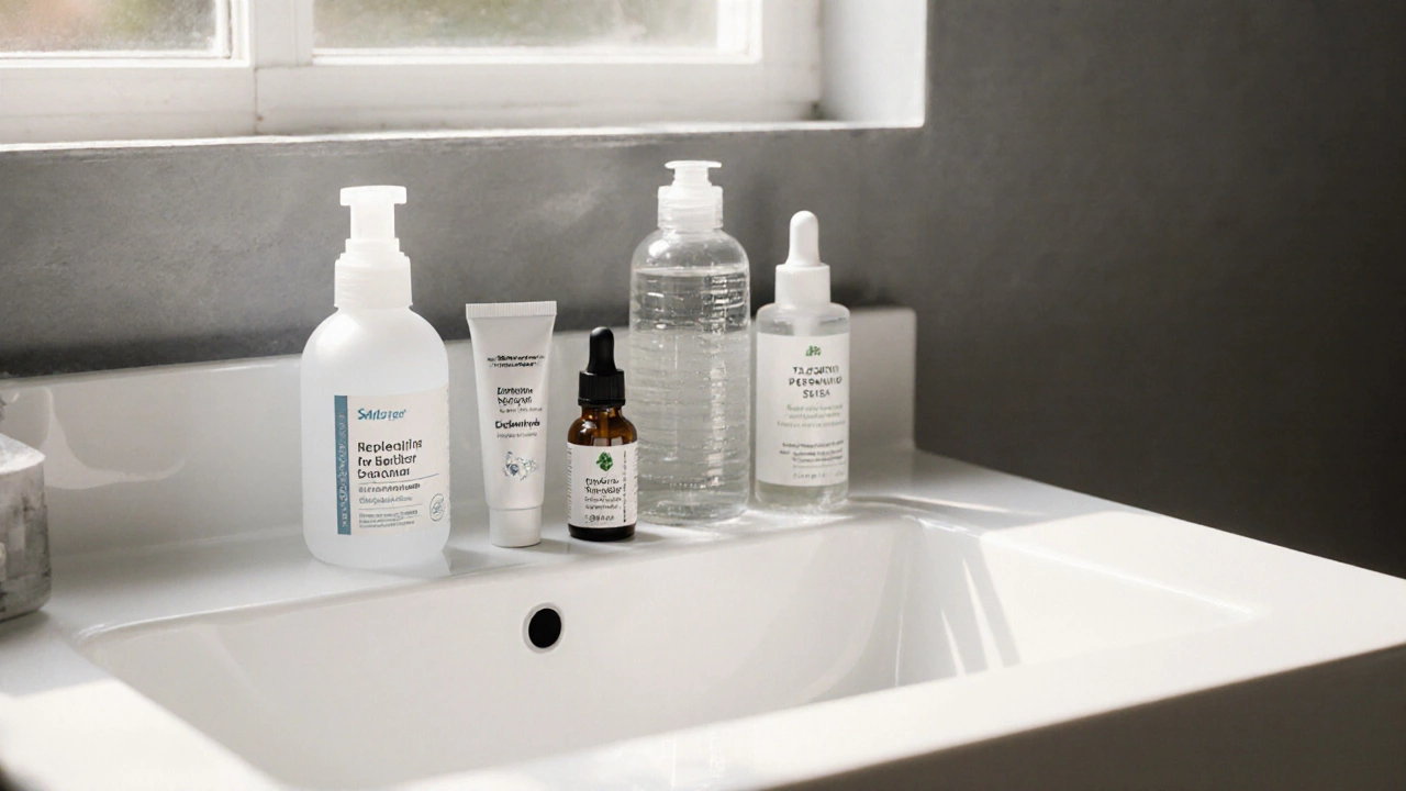 Ванная с набором средств ухода: гель, тонер, бензоилпероксид, ретиноид, масло чайного дерева и ниацинамид.