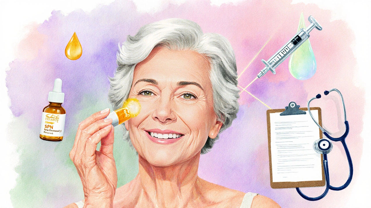 Водяная живопись: женщина 60+ наносит сыворотку, окружена уходовыми продуктами и инструментами.