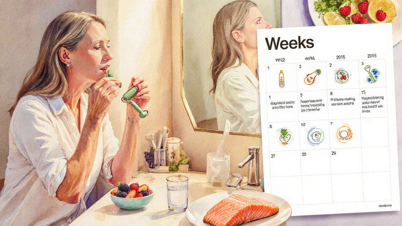 Женщина наносит уход, использует роллер, ест ягоды, пьёт воду, план на 3 месяца.