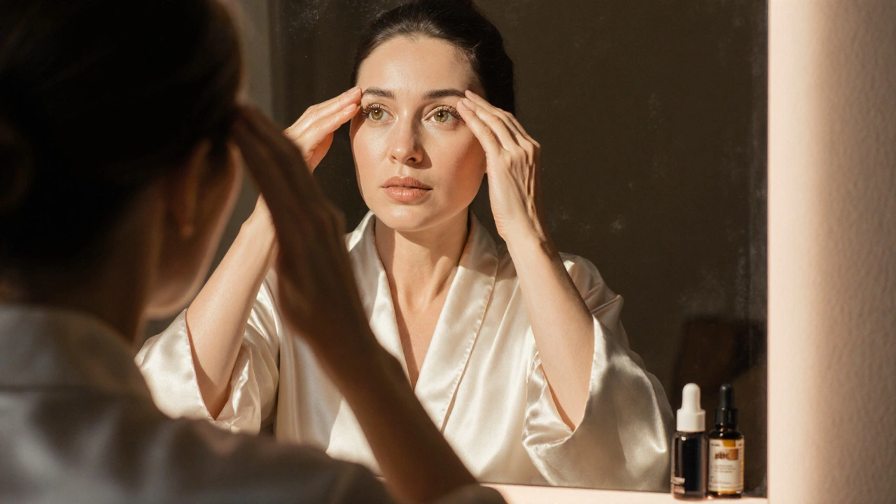 Женщина выполняет упражнения для лица перед зеркалом, мягкий утренний свет.