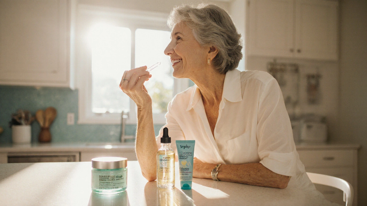 Женщина за 50 наносит увлажняющий крем, рядом SPF и витамин C.
