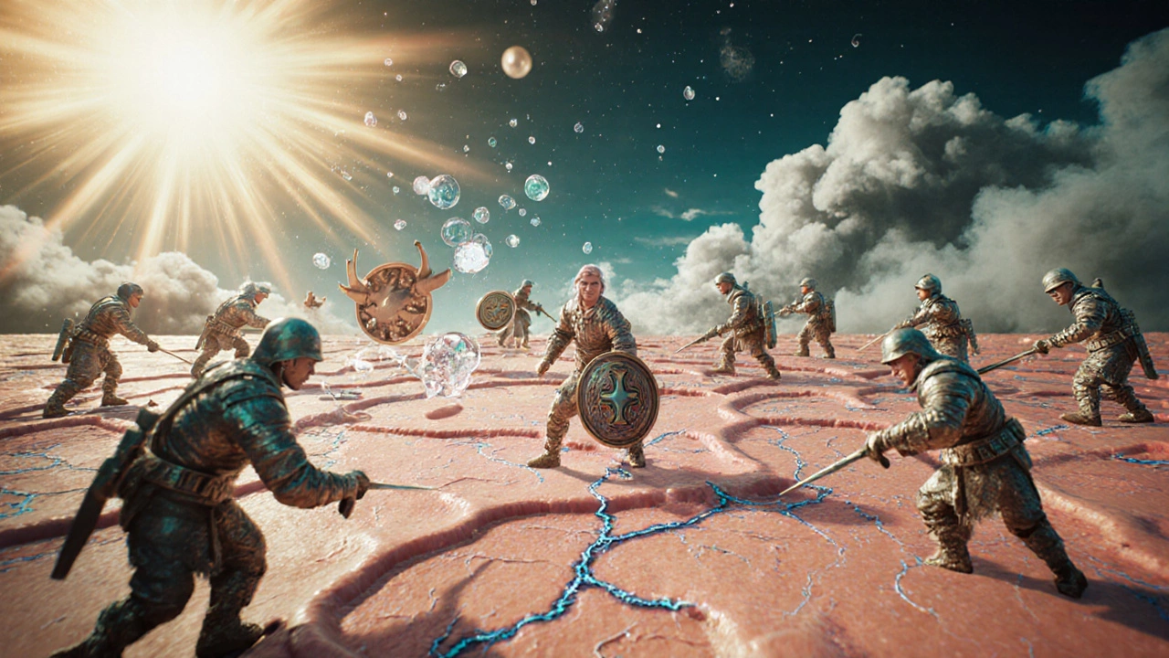 Художественное изображение клеток кожи, восстанавливающихся с помощью пептидов и гиалуроновой кислоты.