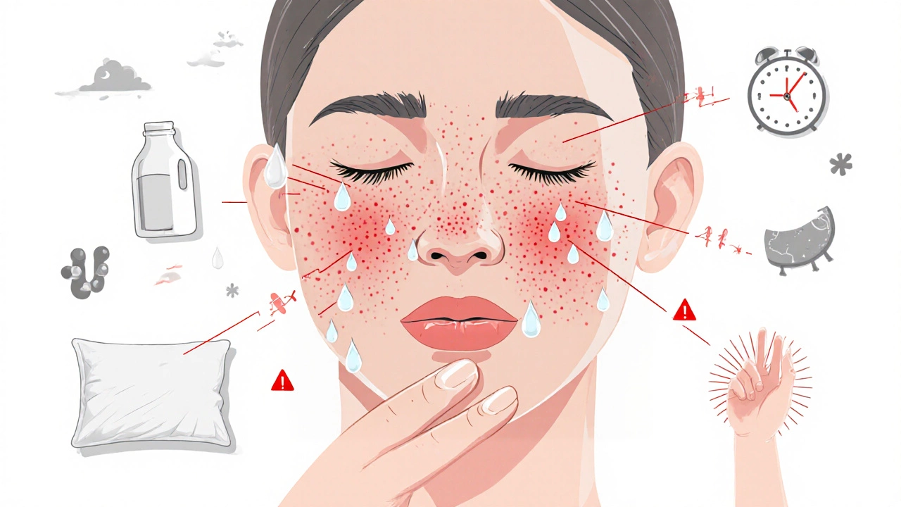 Концептуальное изображение лица с акне, соединённого символическими линиями с молоком, руками, подушкой и солнечными лучами.