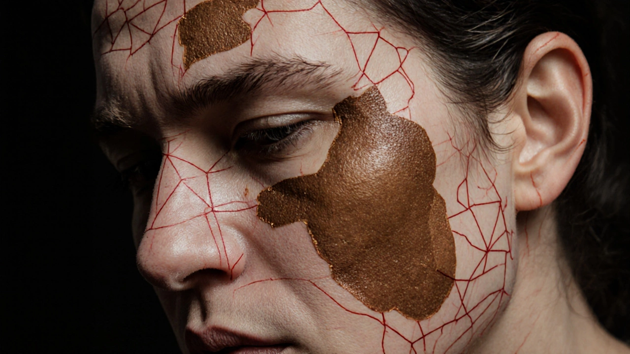 Коричневые пятна на щеках и над губой с красными сосудиками на носу и щеках.