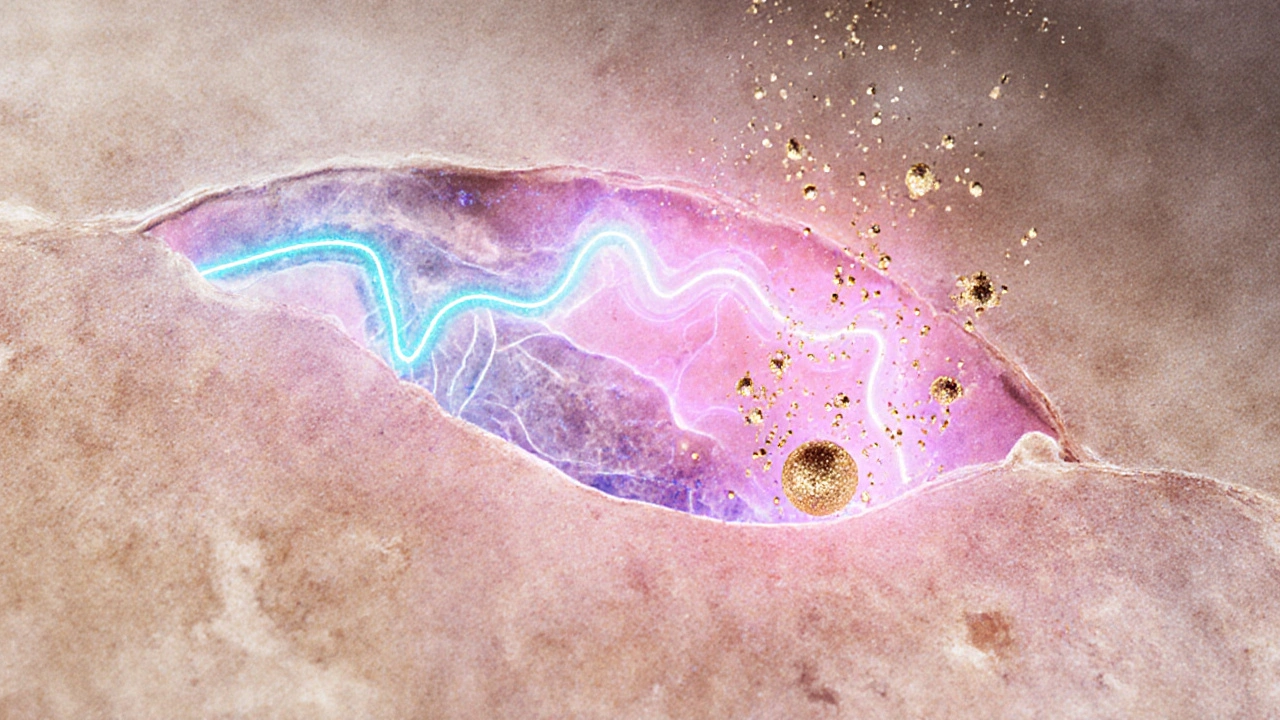 Микроскопическое изображение электрических импульсов, стимулирующих клетки кожи и выработку АТФ.