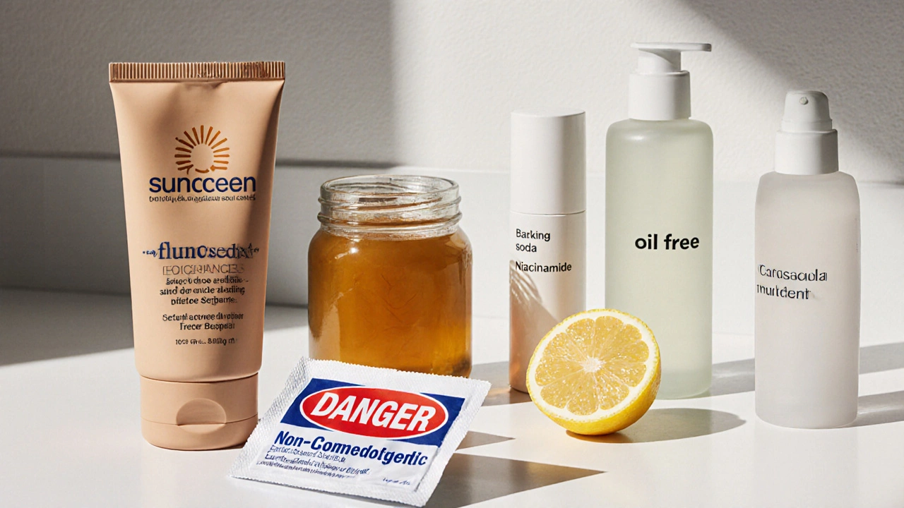 На столе — запрещенные средства для акне рядом с безопасными альтернативами под утренним светом.