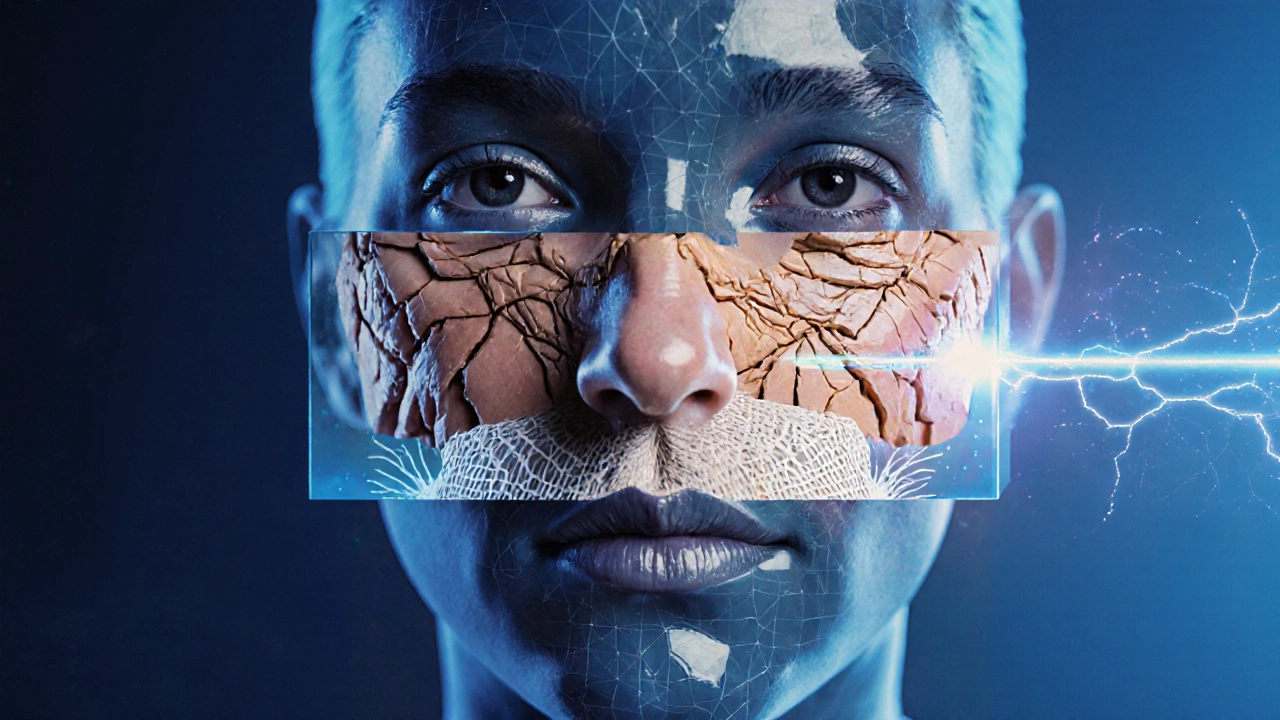 Прозрачная слоистая иллюстрация лица: старение, разрушение коллагена и стимуляция регенерации.