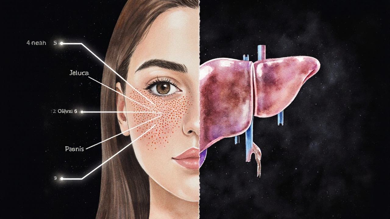 Разделенное лицо: здоровая сторона и сторона с признаками болезни печени, соединенные с печенью.