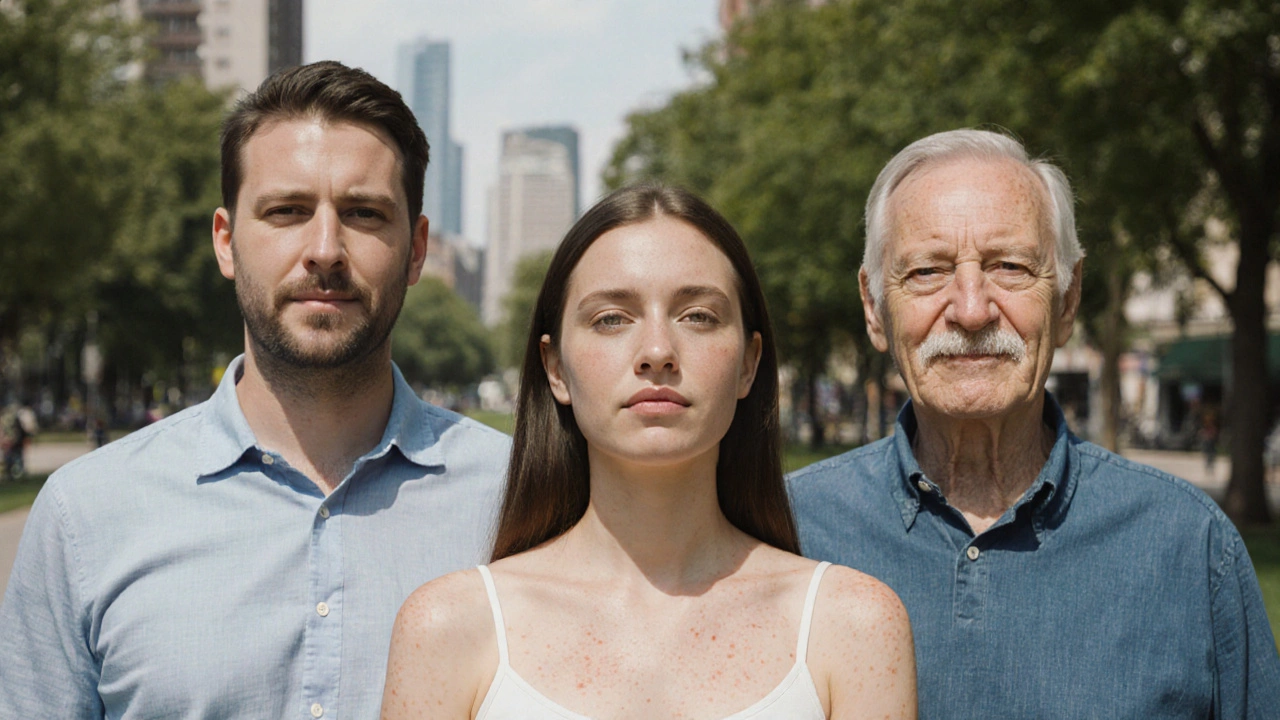 Разные люди с улучшенной кожей стоят на природе, выражение спокойной уверенности.