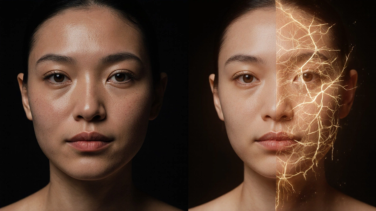 Сравнение кожи: одна сторона сухая и поврежденная, другая — увлажненная и сияющая.