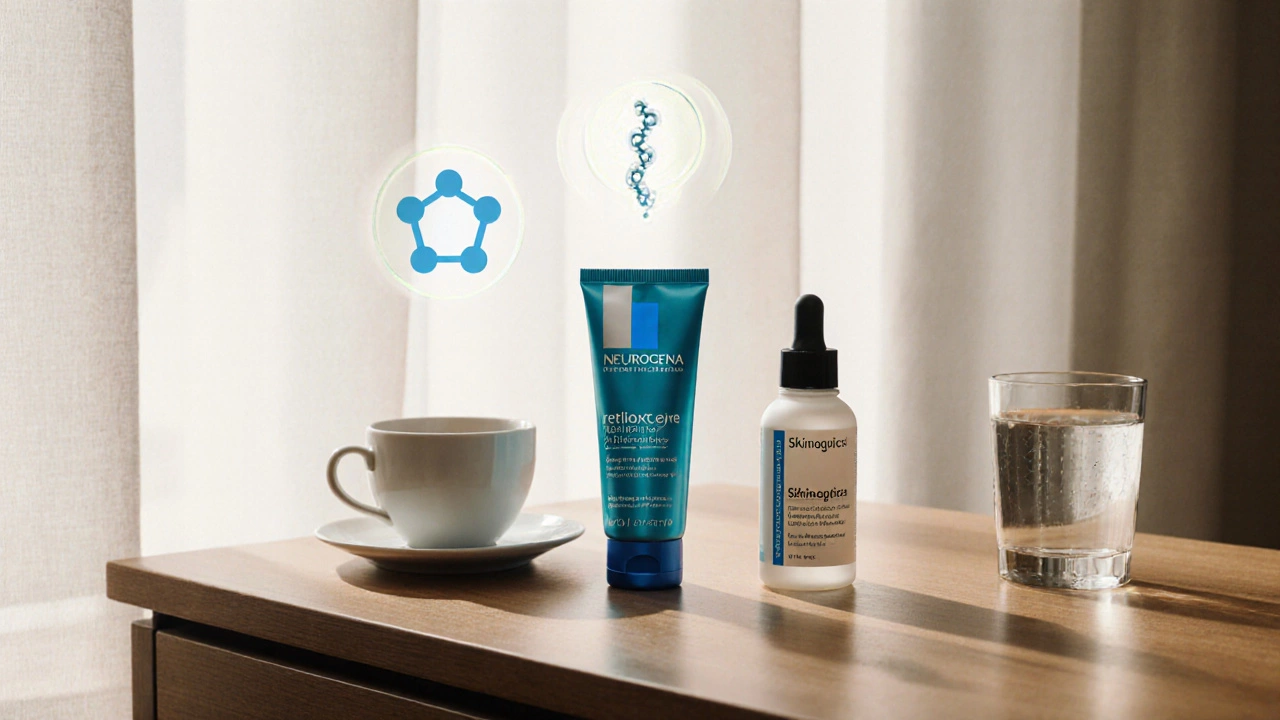 Три бутылочки уходовых средств с иконками активных ингредиентов на деревянной поверхности.