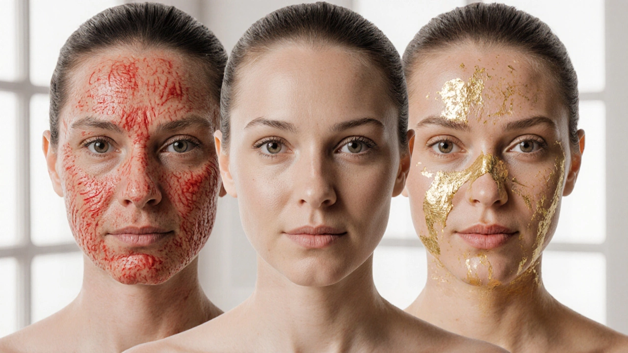 Три лица: поврежденная, тусклая и сияющая кожа — сравнение после микротоковой терапии.