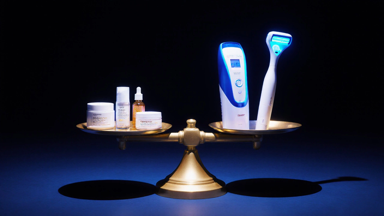 Весы: с одной стороны — кремы, исчезающие в тени; с другой — глянцевые аппараты для косметологии, светятся синим и золотым.