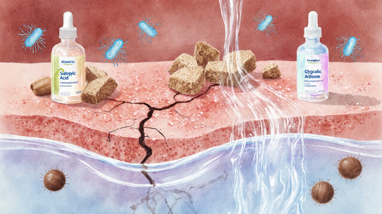 Воспаленная кожа под воздействием абразивных частиц, в то время как мягкие кислоты увлажняют кожу.