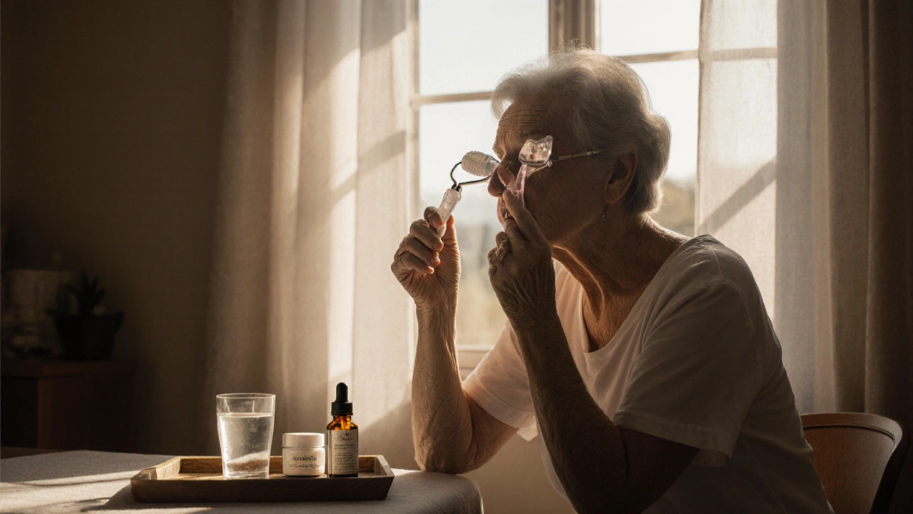 Женщина делает массаж лица кварцевым роликом у окна с утренним светом.