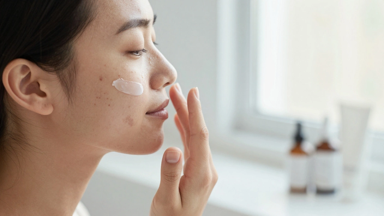 Человек наносит увлажняющий гель на кожу с следами постакне