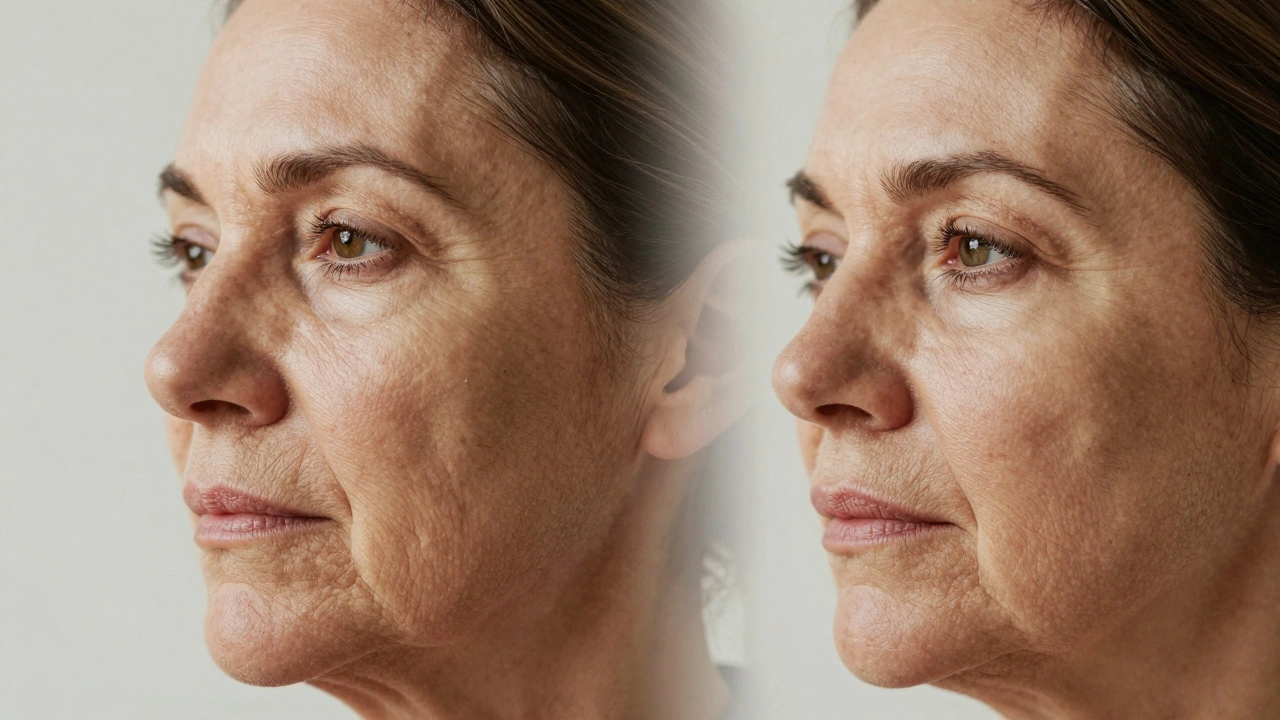 Двустороннее изображение: одна половина лица — с признаками старения, вторая — с естественной поддержкой объема через уколы.