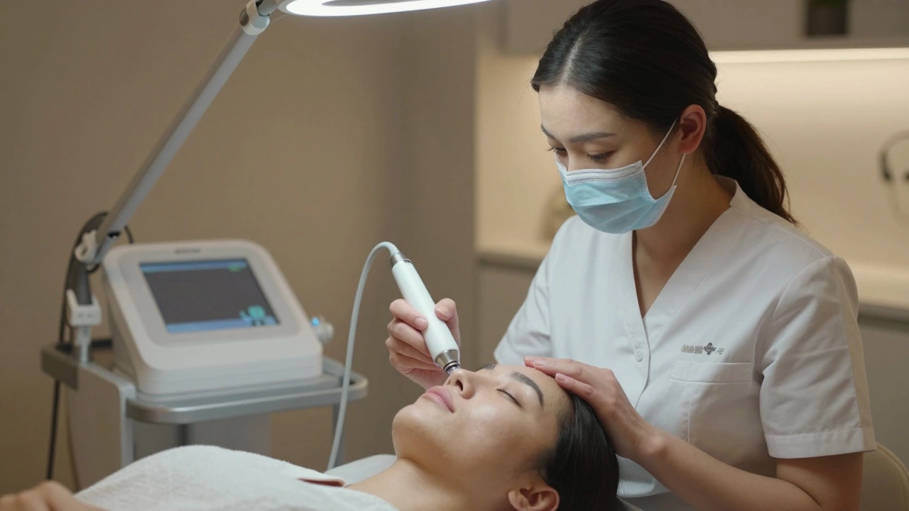 Эстетист проводит процедуру RF-лифтинга на лице клиента в салоне.