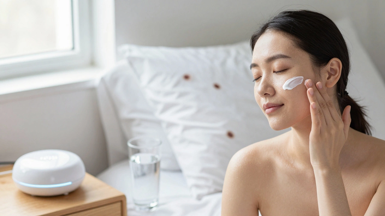 Ежедневный уход за кожей: нанесение солнцезащитного крема, вода, сон и мягкий свет — основа здоровой кожи.