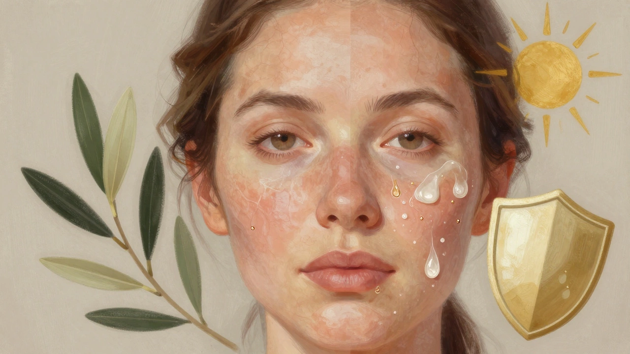 Иллюстрация лица после 60: одна половина — сухая и тонкая кожа, другая — восстановленная с керамидами и маслами.