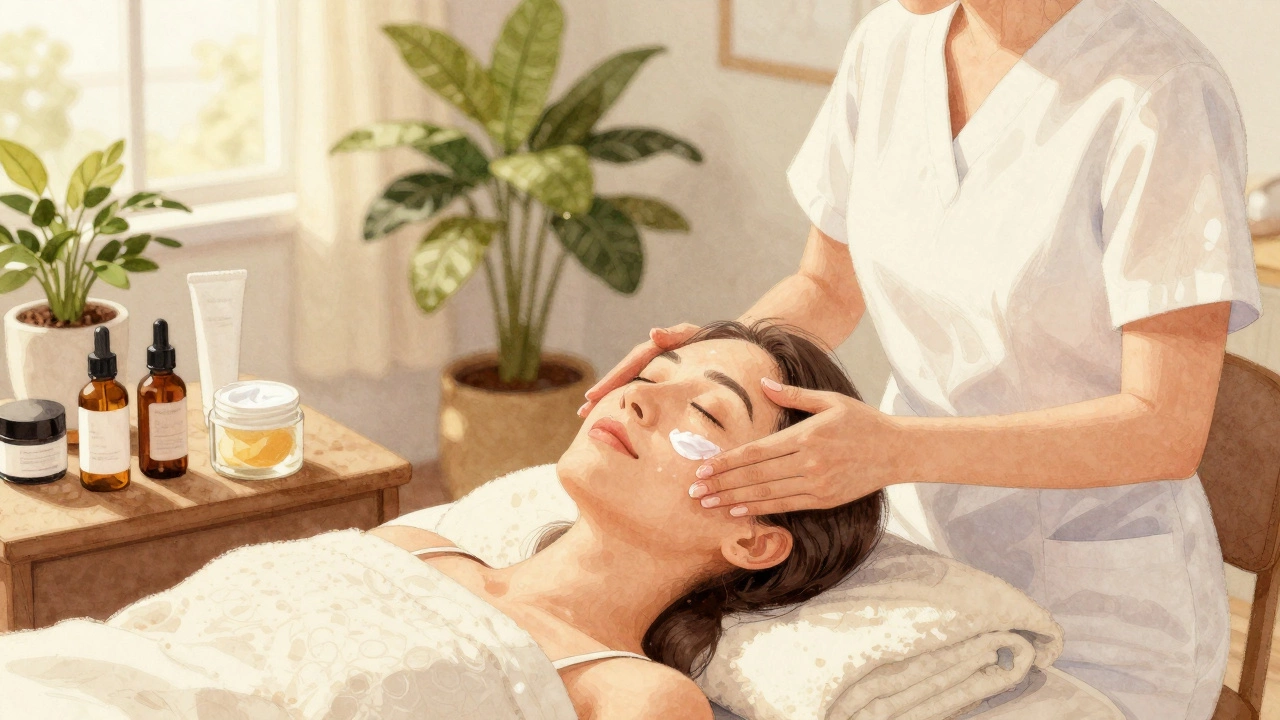 Массаж лица с лимфодренажем в уютной обстановке дома, женщина расслаблена, вокруг — натуральные средства по уходу.
