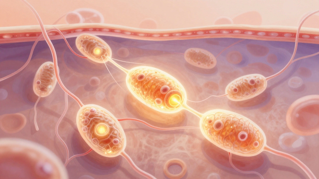 Микроскопическое изображение клеток кожи, активирующих выработку коллагена под действием лазера.