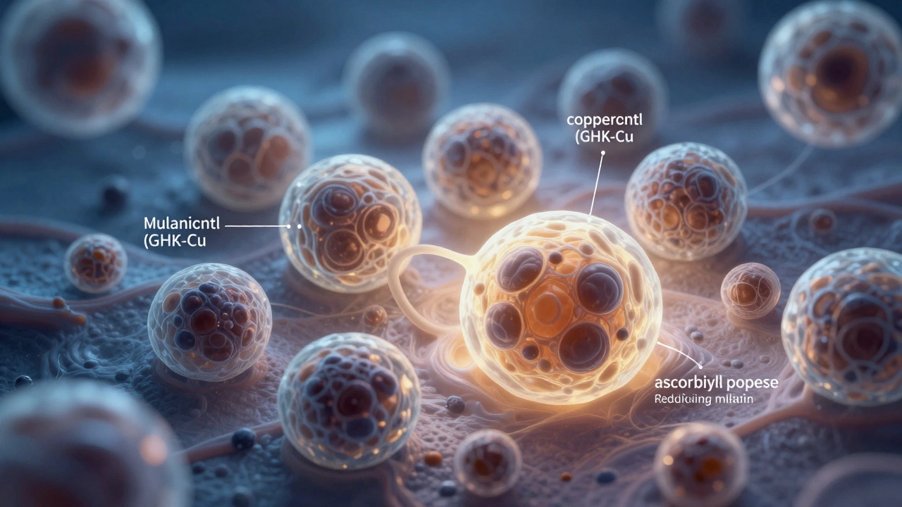 Микроскопическое изображение клеток кожи: меланоциты успокаиваются под действием гиалуроновой кислоты и глутатиона, пигментные пятна светлеют.