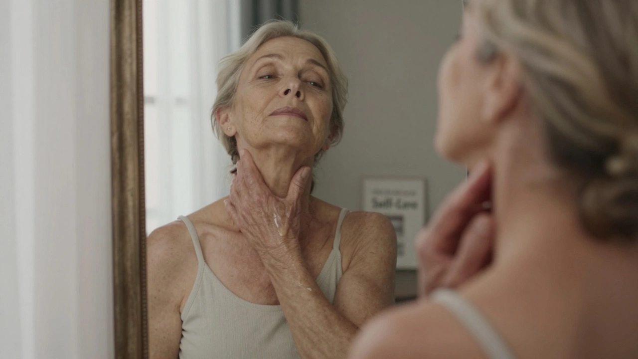 Пожилая женщина массирует шею маслом, её отражение в зеркале показывает спокойствие и достоинство.
