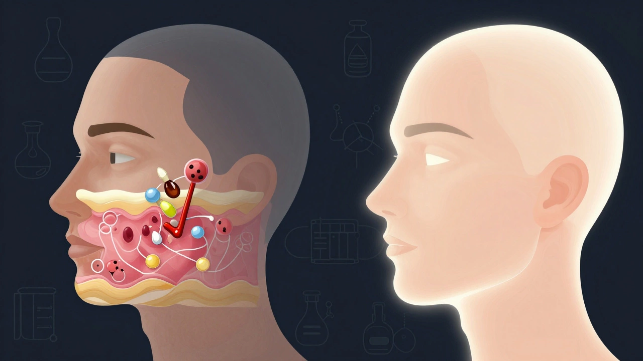 Прозрачное изображение кожи с визуализацией воздействия косметических средств на барьерные слои.