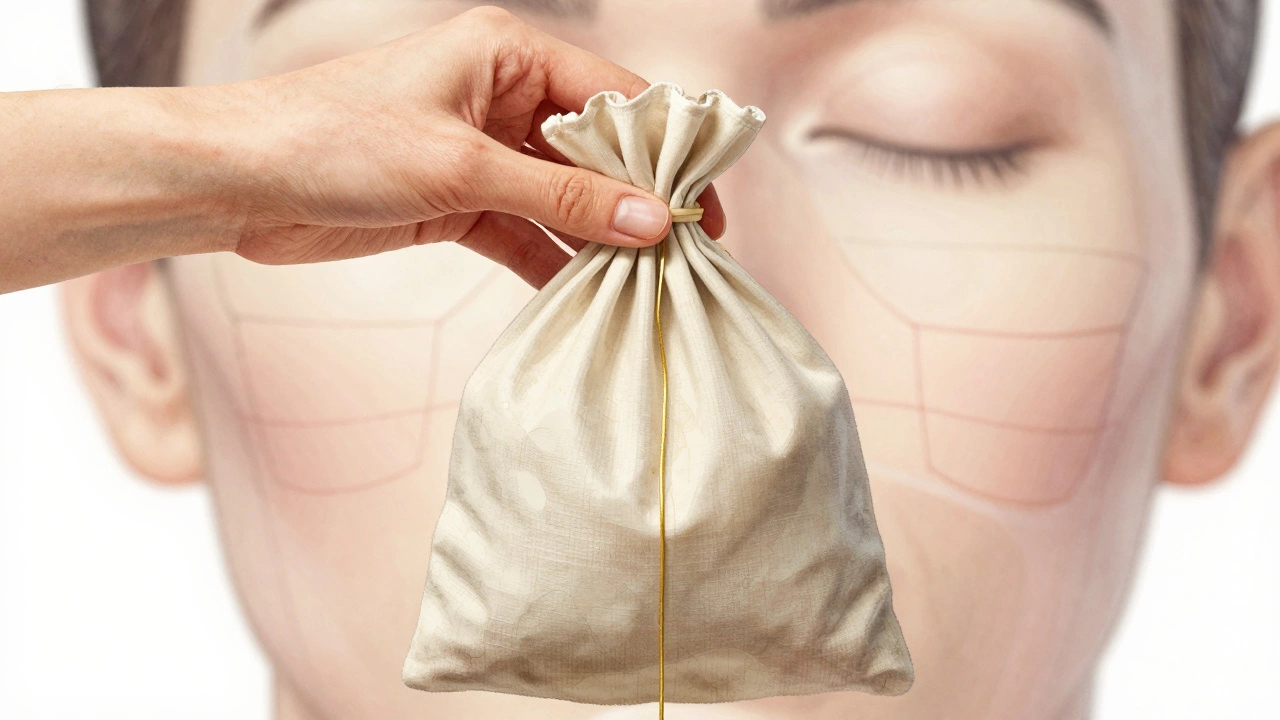 Рука подтягивает шнурок на сумке, символизирующий подтяжку фасций лица.