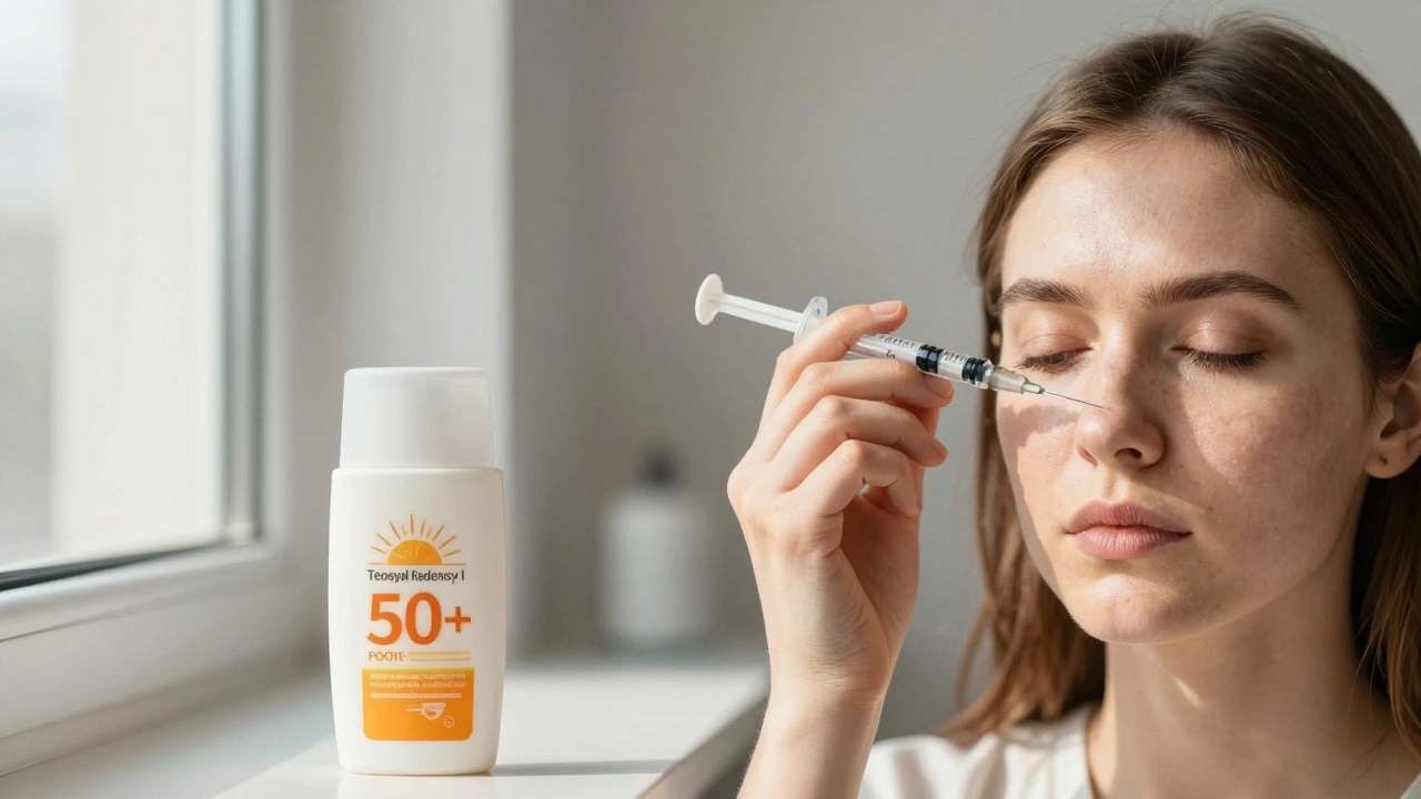 Рука вводит инъекцию Teosyal Redensity I — кожа слева тусклая, справа сияет, на переднем плане солнцезащитный крем SPF 50+.