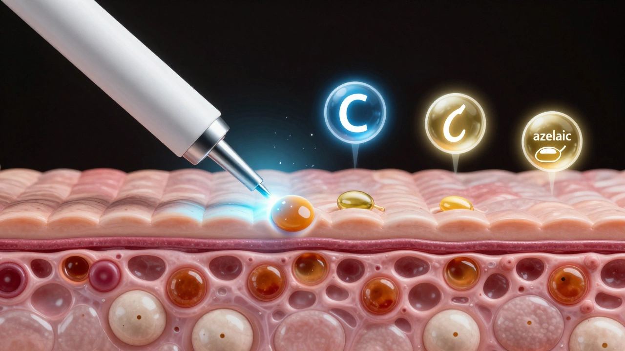 Схема кожи с пигментными пятнами, воздействуемыми лазером и активными ингредиентами.