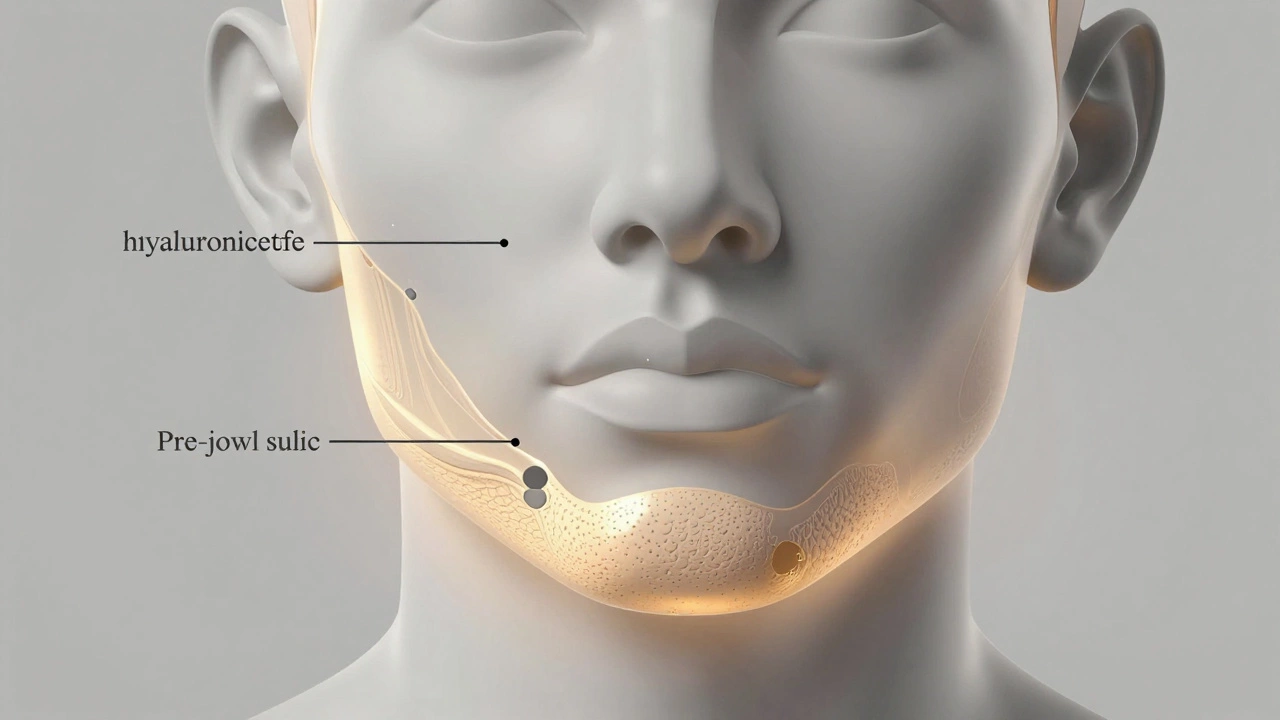 Схема введения филлеров в скулы, подбородок и зону под челюстью для поддержки лица.