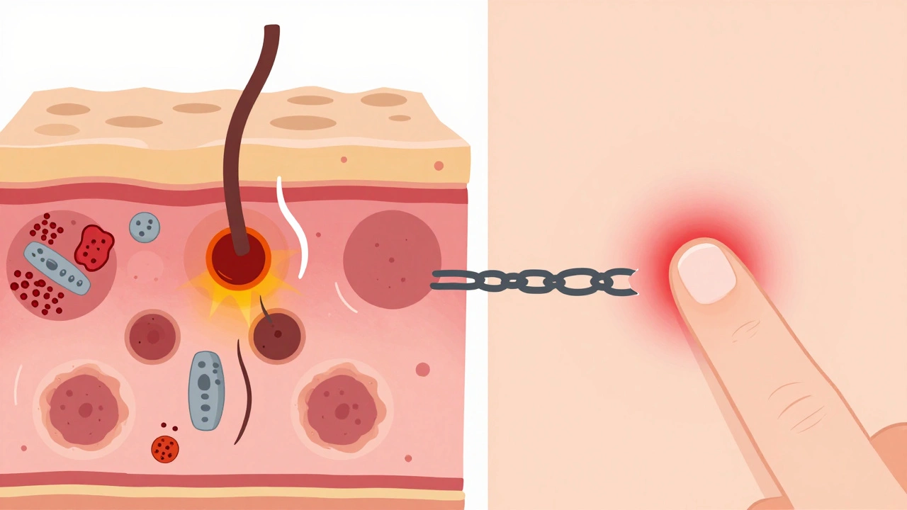 Сравнение акне как болезни и одиночного прыща на схеме кожи