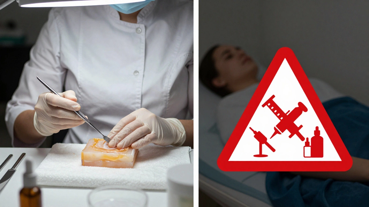 Сравнение безопасных домашних процедур и запрещённых вмешательств: чистка и эпиляция против инъекций и лазеров.