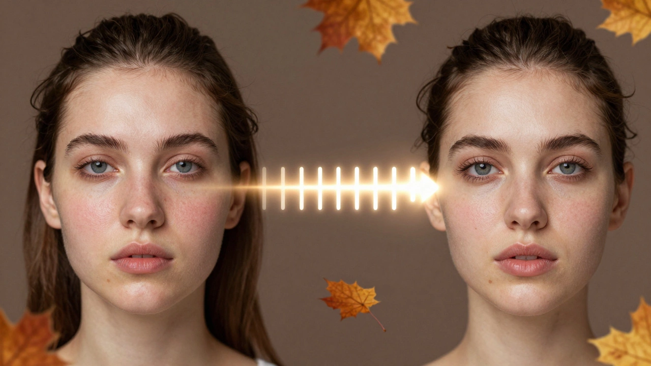 Сравнение кожи до и после лазеротерапии: тусклая кожа слева, сияющая — справа, с лазерными лучами между ними.