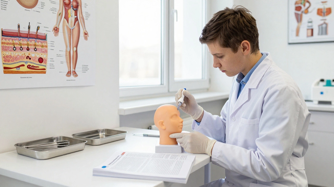 Студент практикует микротоки на модели кожи под наблюдением врача в медицинском колледже.